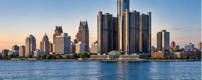 The Detroit skyline along the riverfront at sunset.