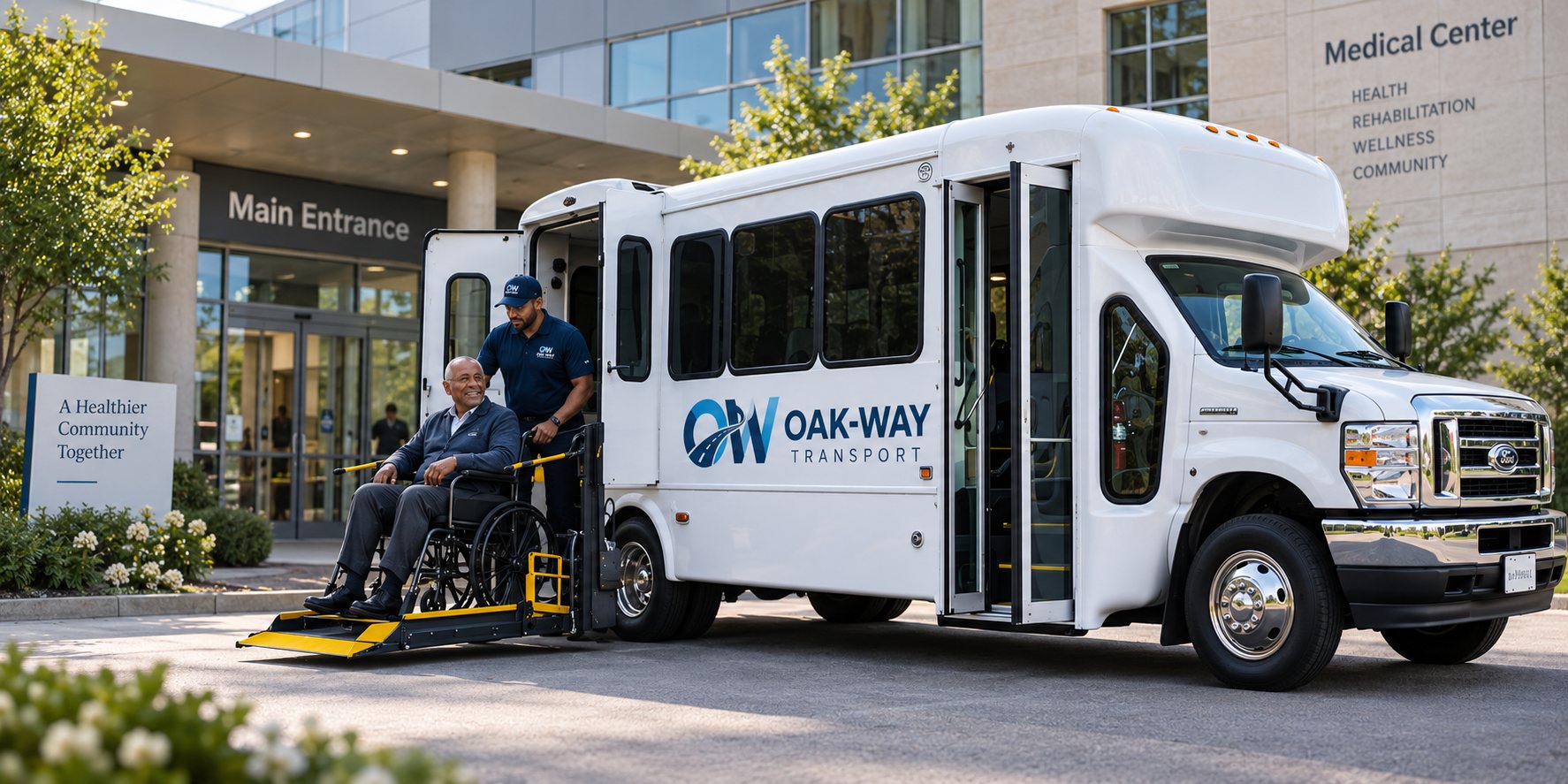 An Oak-Way Transport driver assisting a passenger in a wheelchair onto the vehicle lift at a medical center entrance.