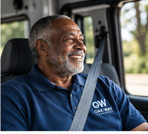 A smiling Oak-Way passenger riding in the vehicle with a seatbelt fastened.