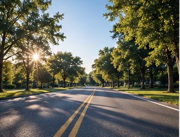 A quiet, tree-lined Southeast Michigan street in the early morning light.